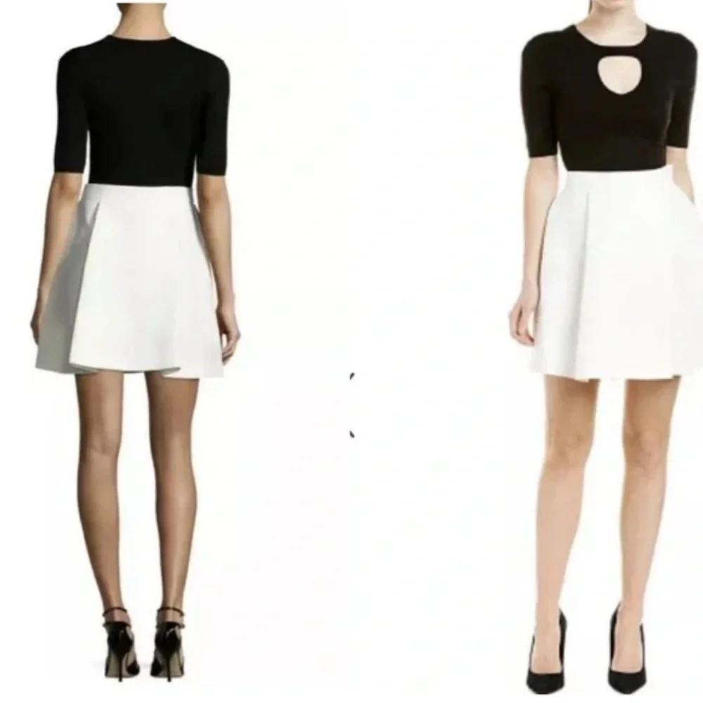 Halston Heritage Two For One Colorblock Flared Dress Eggshell/Black - Picture 2 of 7